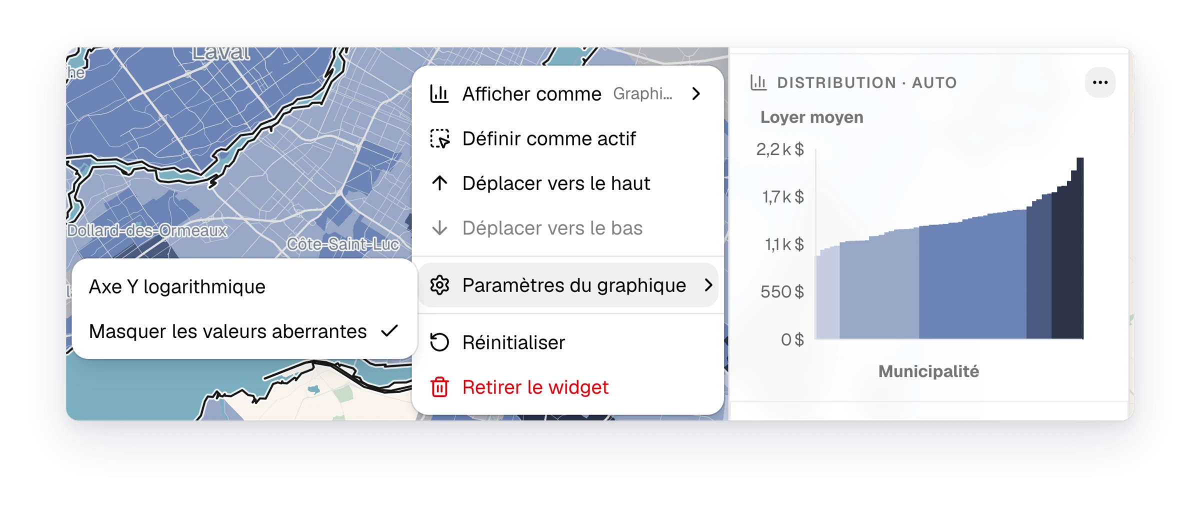 Le menu d’un widget de graphique, ouvert sur ses paramètres