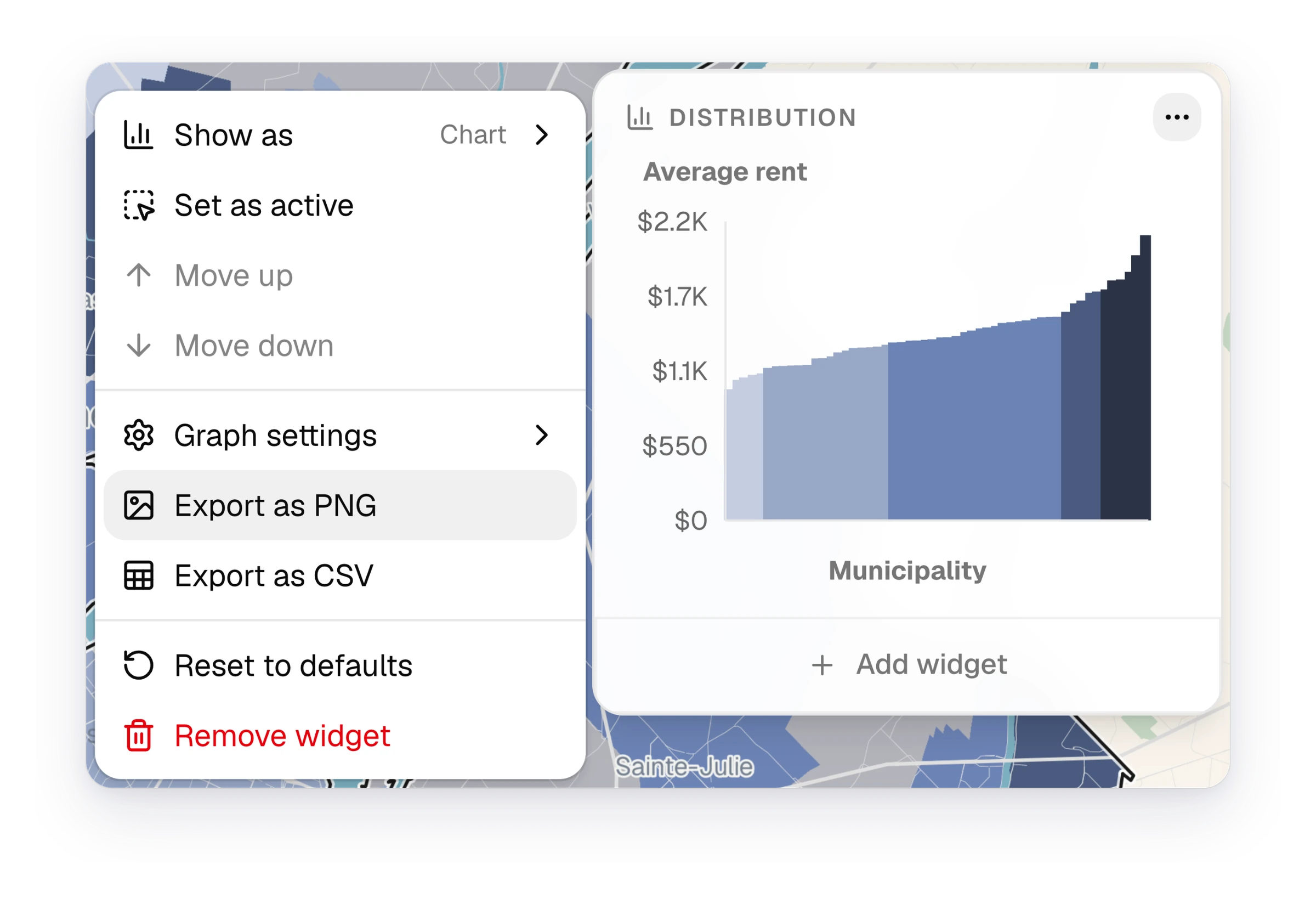 The "…" menu of the average rent distribution in Montréal, open on "Export as PNG", with "Export as CSV" below it